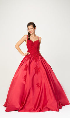 A woman models the Classic Long Prom Ball Gown: Eureka 9500, featuring a red fitted bodice, floral lace details, and an elegant lace-up back, against a plain white background.