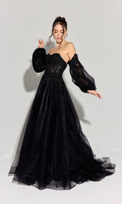 Woman modeling the Eureka 9505G Long Sleeve Strapless Prom Ball Gown with sheer puff sleeves and lace details, posing elegantly against a plain light background.