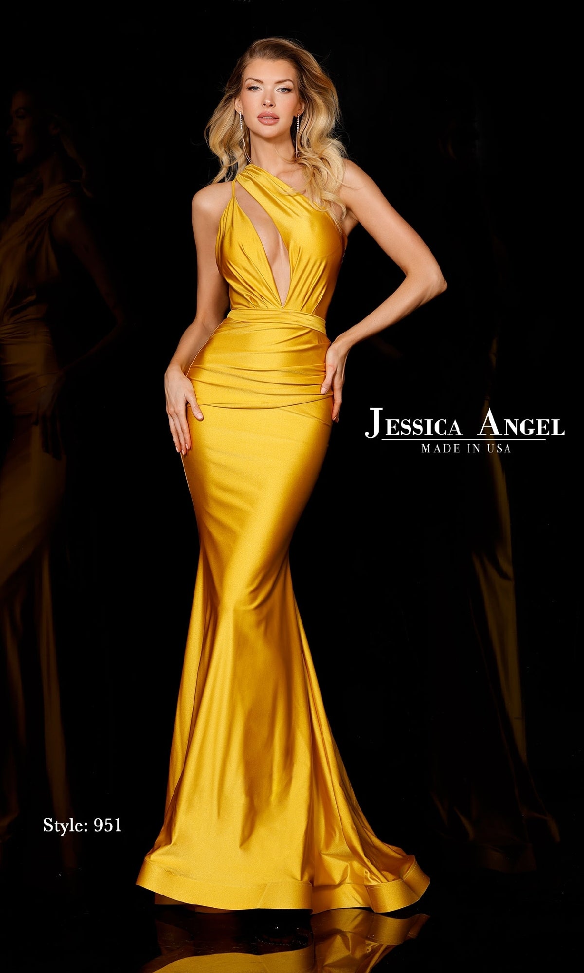 Woman in a floor-length yellow Jessica Angel 951 gown with asymmetrical design, halter neckline, and deep V-cut, posing against a black background. Text: 