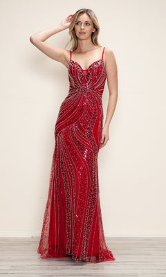 A woman models the Poly USA 9510 Beaded Spaghetti-Strap Prom Gown in red/silver, featuring a floor-length silhouette and swirling sequin pattern, as she stands against a plain light background.