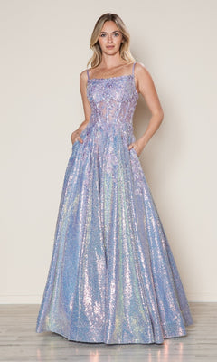 A woman wears the Poly USA 9554 Side-Pockets Long Sequin Prom Dress in iridescent lavender, featuring a sleeveless A-line design with a sheer bodice and pockets, standing against a plain background.