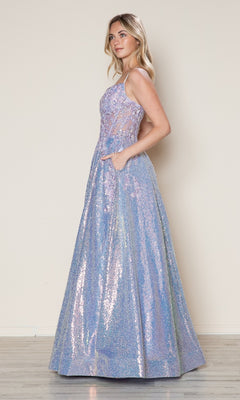 A woman stands in profile wearing the Side-Pockets Long Sequin Prom Dress (Poly USA 9554), featuring a fitted bodice and flared, floor-length skirt that shimmers in iridescent hues.
