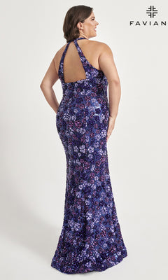A woman in a floor-length, sleeveless, purple Floral-Sequin Plus-Size Prom Dress 9560 with a halter neck and open back stands smiling. The Faviana logo is in the top right. Ideal for prom or special occasions.