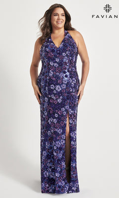 A woman models the Floral-Sequin Plus-Size Prom Dress 9560—a sleeveless, floor-length purple gown with a front slit—against a white background. "FAVIAN" is displayed in the top right corner.
