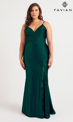 A woman models the Faviana 9562 Long Plus-Size Prom Dress in dark green satin with lace details, spaghetti straps, and a beaded bodice against a plain background. The Faviana logo appears in the top right corner.