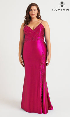 A woman models the Long Plus-Size Prom Dress: Faviana 9562, a fitted magenta gown with lace accents, thin straps, and a subtle slit. The floor-length dress is shown against a white background with the Faviana logo at the top right.