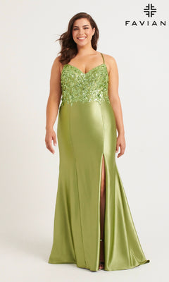 A woman wears the Faviana 9563 long plus-size prom dress in light green satin, featuring spaghetti straps, a sequin appliqué bodice, and a front slit. The background is plain white with the FAVIANA logo in the top right.