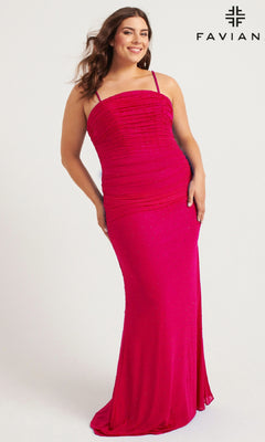 A woman smiles against a plain background in the Faviana 9567 Lace-Up Plus-Size Long Prom Dress—a fitted, sleeveless, bright pink gown with thin straps and small sparkles. The brand "FAVIAN" is visible.