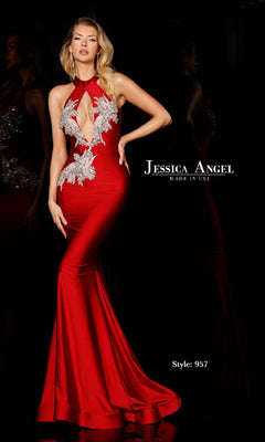 A woman in a fitted red High-Neck Cut-Out Prom Dress (Jessica Angel 957) with silver floral embellishments stands against a black background. Text reads: "Jessica Angel Made in USA, Style: 957".