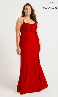 A woman models the Faviana 9570 Plus-Size Strappy Long Prom Dress—sleeveless, floor-length, red with sequin floral designs—against a white background. "FAVIANA" and its logo appear in the top right corner.