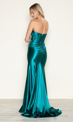 A woman faces away in the Strapless Keyhole Long Prom Dress: Poly USA 9574, showcasing its detailed corset-style back and flowing train against a plain background.