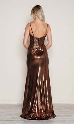 A woman in the Poly USA 9582 Metallic Sweetheart Prom Gown stands facing away, highlighting its shiny bronze finish, ruched back, zipper detail, and thin straps.