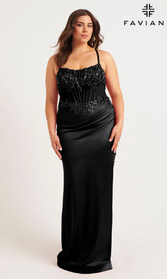 A woman models the Faviana 9592 long plus-size prom dress—a black, floor-length, sleeveless gown with a beaded corset bodice—against a plain white background. "FAVIANA" and its logo are displayed in the top right corner.
