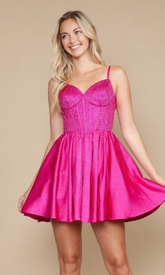 A woman wears the Sparkly Homecoming Dress with Pockets: Poly USA 9594, featuring a sleeveless design, bright pink color, fitted bodice, and flared mini skirt, standing against a beige background.