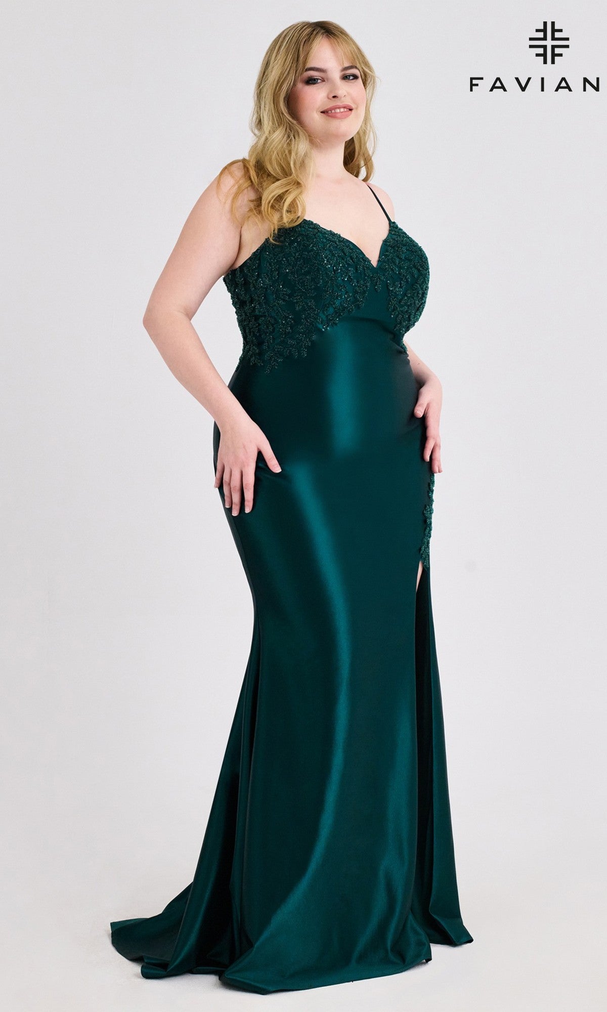 Plus-Size Beaded-Corset Prom Gown: Faviana 9597 Dark Hunter Green / 12W
