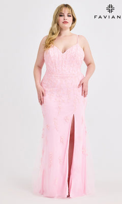 A woman wears the Plus-Size Beaded-Lace Prom Gown, Faviana 9604—a light pink, sleeveless long dress with beaded-lace appliques and a front slit—posing against a white background with "Faviana" visible in the corner.