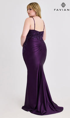 A woman faces away, wearing the Faviana 9608 Plus-Size Beaded-Bodice Prom Gown—a fitted, floor-length purple satin dress with thin straps—set against a plain white background with the Faviana logo in the top right.