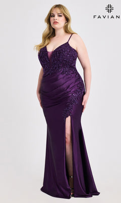 A woman models the Plus-Size Beaded-Bodice Prom Gown, Faviana 9608, in deep purple with a satin finish, beaded bodice, thigh-high slit, lace details, and thin straps against a white background. "Faviana" appears in the top right corner.
