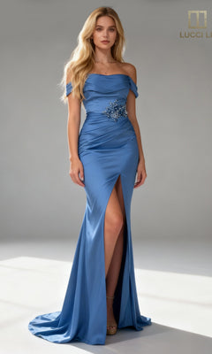 A woman poses elegantly against a neutral background, wearing the Abby Paris 96094 Long Prom Dress in French Blue—an off-the-shoulder satin gown with a floor-length fitted skirt, thigh-high slit, and floral embellishment at the waist.