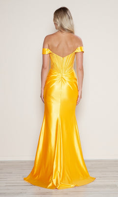 A woman with long blonde hair is seen from the back wearing the Off-Shoulder Long Corset Prom Dress: Poly USA 9656, a fitted yellow satin gown with a flared skirt and beaded corset details, set against a plain light background.