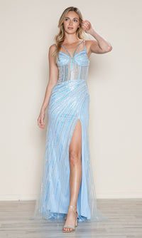 A woman poses against a plain background in the Sheer-Bodice Long Sequin Prom Dress (Poly USA 9664) in blue, featuring a floor-length sequin design, thigh-high slit, and delicate spaghetti straps.