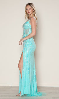 A woman stands sideways in the Sheer-Bodice Long Sequin Prom Dress: Poly USA 9664, featuring a high slit and shimmering turquoise sequins, set against a plain beige background.
