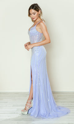 A woman stands in profile wearing the Sheer-Bodice Long Sequin Prom Dress (Poly USA 9664), a light purple, floor-length gown with sequins, side slit, and white high-heeled shoes against a plain light background.