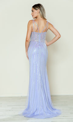 A woman stands on a light floor, facing away, wearing the Sheer-Bodice Long Sequin Prom Dress (Poly USA 9664)—a floor-length, light purple gown with sparkling vertical stripes, thin straps, and a low back.