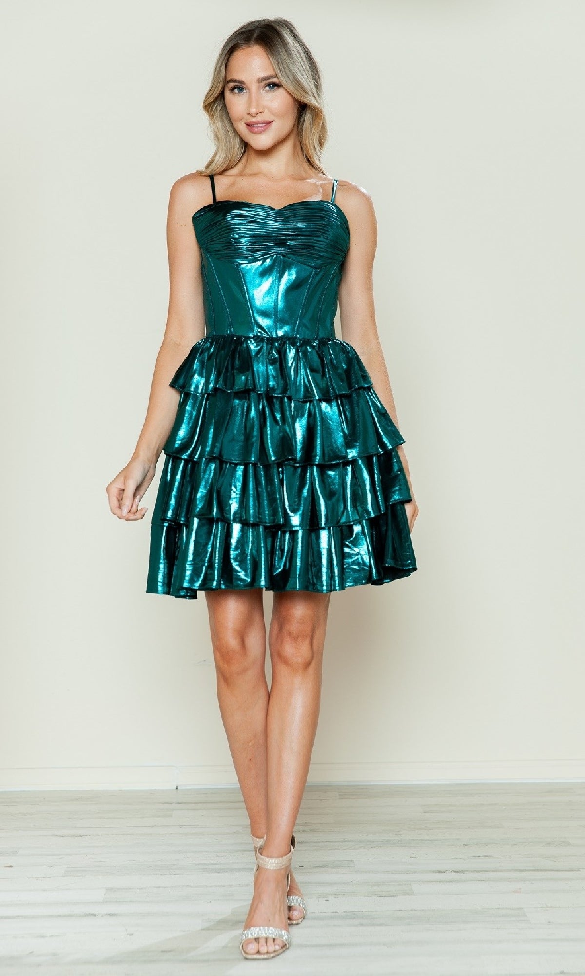 Metallic Short Ruffled Hoco Dress: Poly USA 9678