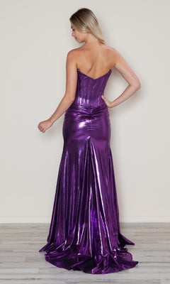 A woman faces away, wearing the Strapless Long Metallic Prom Dress: Poly USA 9682—a purple gown with a fitted bodice and flared, floor-length skirt.