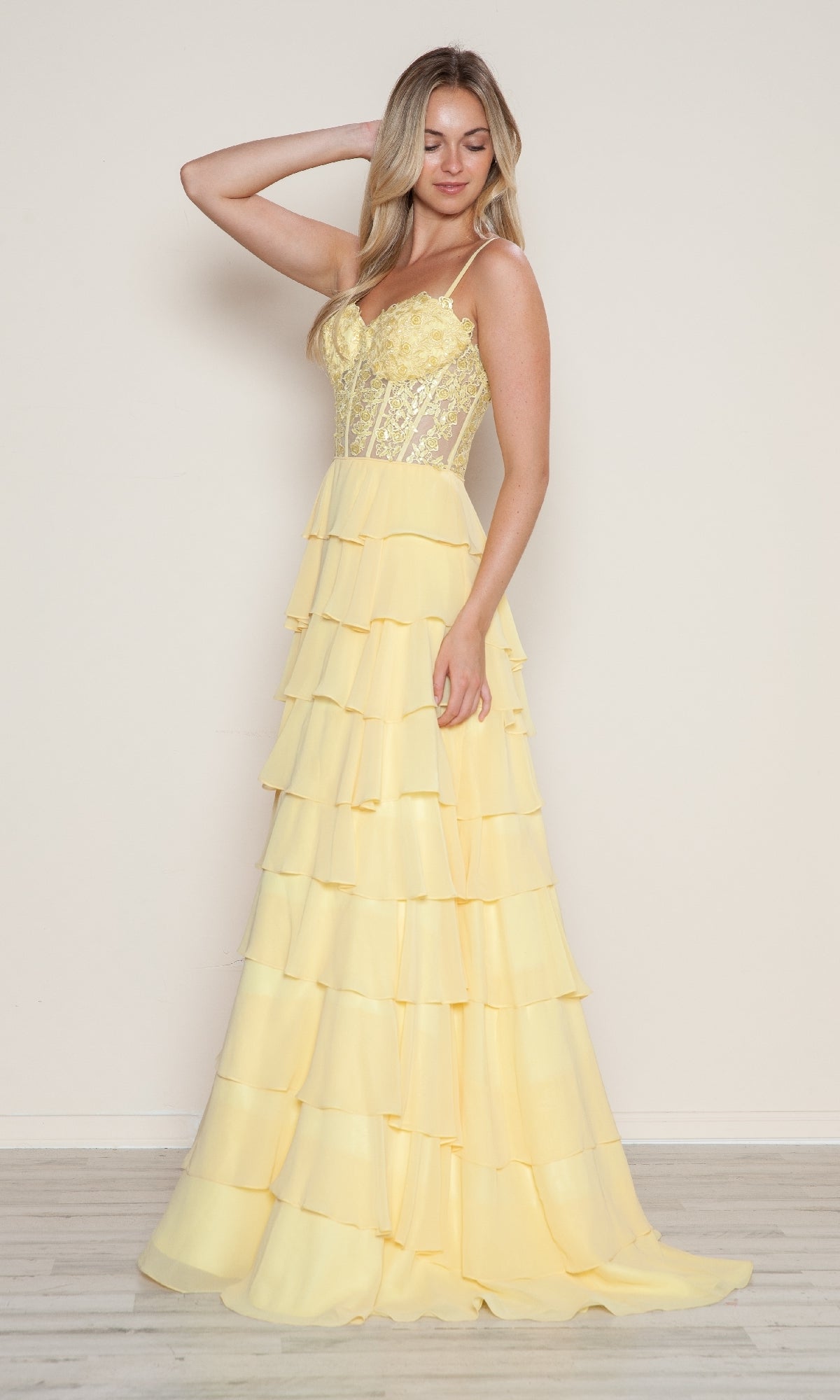 Long Tiered A-Line Prom Dress with Sheer Corset Yellow / XSmall Long Tiered A-Line Prom Dress with Sheer Corset Yellow / XSmall