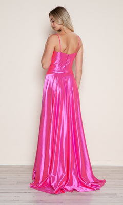 A woman models the Bow-Front Long Corset Prom Dress (Poly USA 9702), a shiny hot pink satin evening gown with thin straps and an open back corset detail, standing against a plain light background.