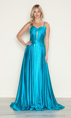 A woman poses against a plain wall in the Bow-Front Long Corset Prom Dress (Poly USA 9702), a shiny turquoise evening gown featuring thin straps, a bow detail on the bodice, and a floor-length silhouette.