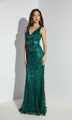 A woman stands against a plain white backdrop wearing the Eureka 9706 Sequin-Print Long Prom Dress—emerald green, sleeveless, floor-length with floral sequins and a V-neckline.