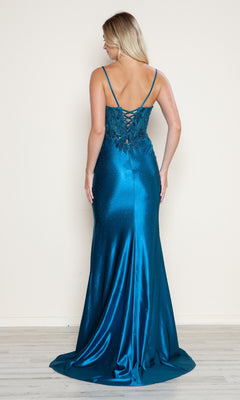 A woman models the Long Prom Dress: Poly USA 9710—a teal satin, floor-length gown with thin straps, an embroidered corset bodice, lace-up back, and stands against a plain light-colored wall.