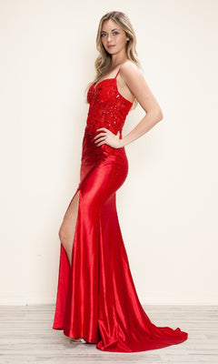 A woman stands in profile against a light background, wearing the Poly USA 9710 long prom dress with a thigh-high slit, sequin details, and an embroidered corset bodice.