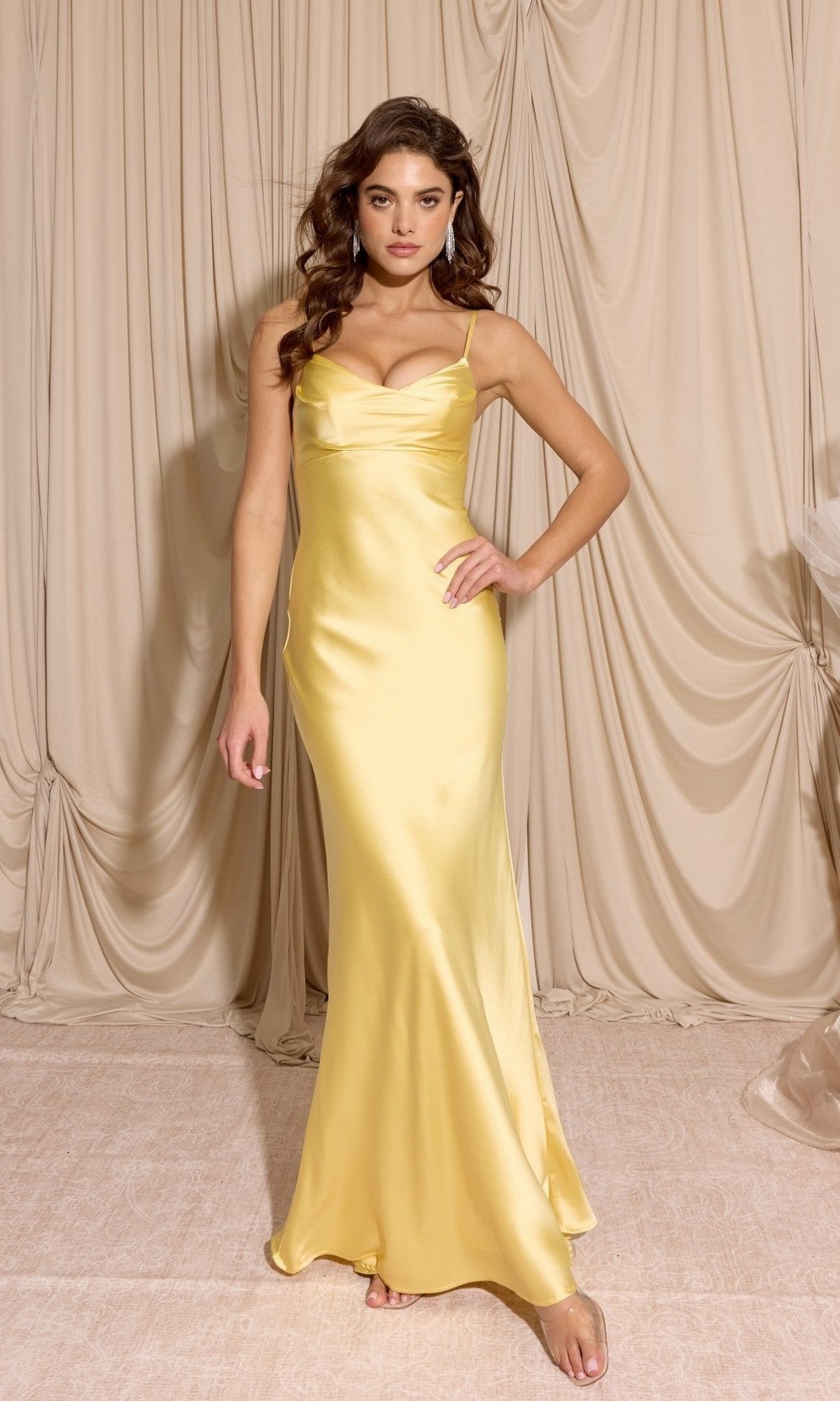 princess polly baby blue dress Taupe Satin Cowl Neck Bridesmaid Dress A-Line Floor-Length main image 1