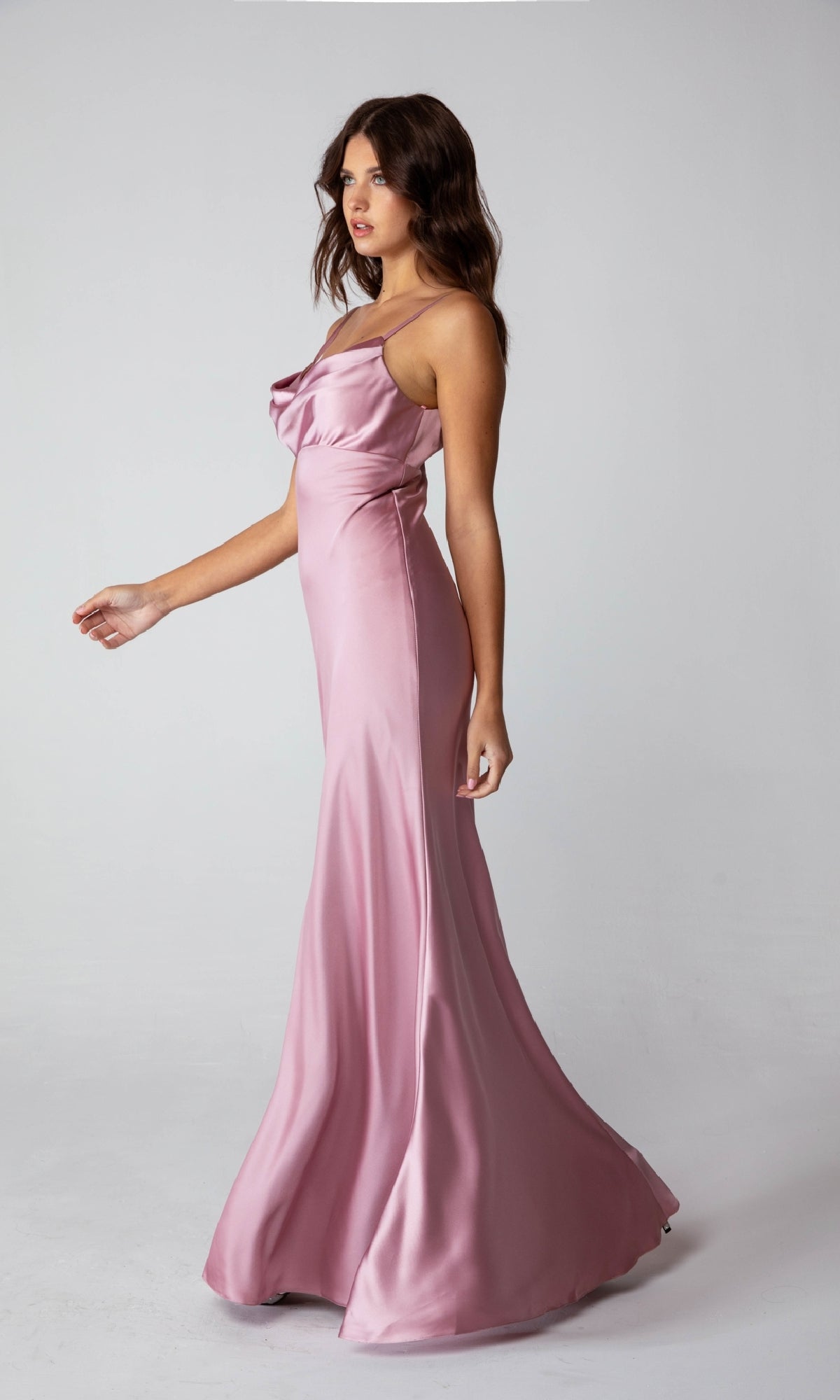 Empire-Waist Long Satin Prom Dress with Cowl Neckline– PromGirl