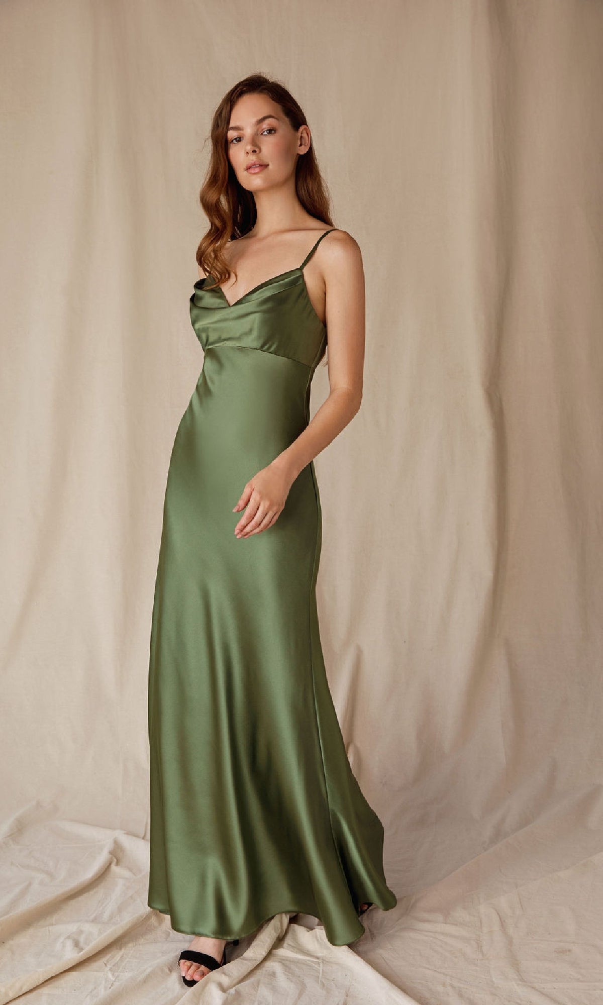Empire-Waist Long Satin Prom Dress with Cowl Neckline Olive / Large