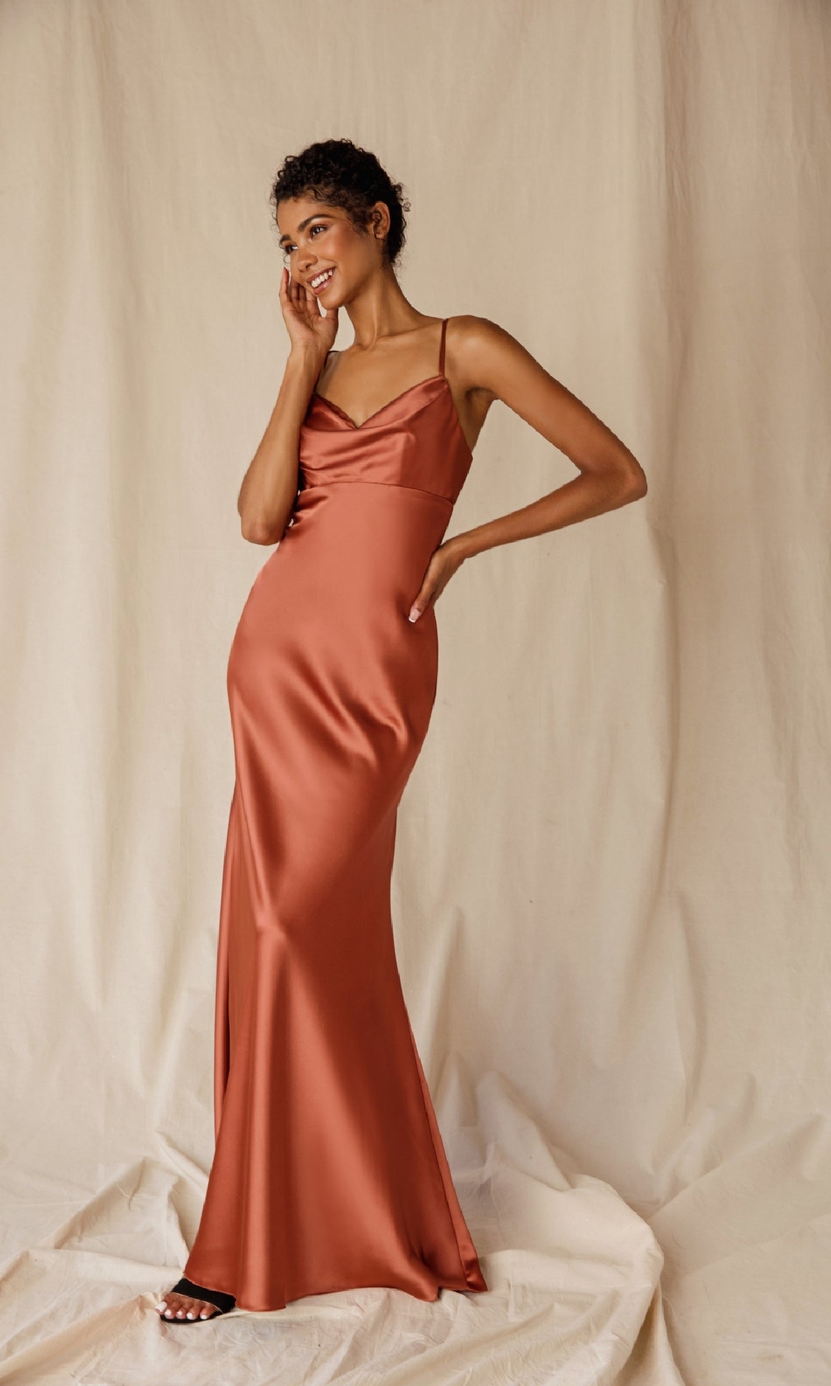 Empire-Waist Long Satin Prom Dress with Cowl Neckline Sienna / XSmall Empire-Waist Long Satin Prom Dress with Cowl Neckline Sienna / XSmall