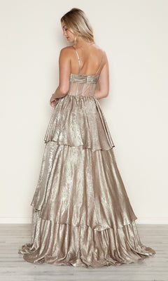 A woman faces away, wearing the Poly USA 9718 long prom dress featuring a metallic finish, spaghetti straps, a fitted partially sheer bodice, and a tiered A-line skirt.