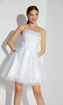 A woman wears the Eureka 9727 Lace-Up Short Prom Dress—white, a-line with thin straps and floral details—against a plain light background.