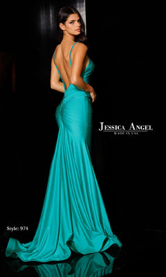 A woman poses against a black background in the Open-Back Long Prom Dress: Jessica Angel 974, a teal, floor-length mermaid gown.