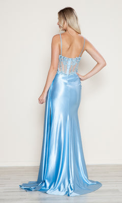 A woman faces away against a plain background, wearing the Poly USA 9740 long prom dress in light blue—form-fitting with a sheer, embellished back panel and a high leg slit.