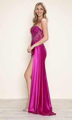 A woman stands and smiles in the Poly USA 9740 long prom dress, featuring vibrant pink color, a form-fitting silhouette with high leg slit, embroidered sheer corset bodice, floral embellishments, and spaghetti straps.
