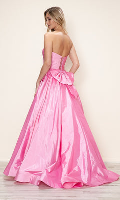 A woman faces away, wearing the Poly USA 9754 long prom dress featuring taffeta fabric, a strapless ruched bodice, adjustable lace-up back, and a large waist bow.