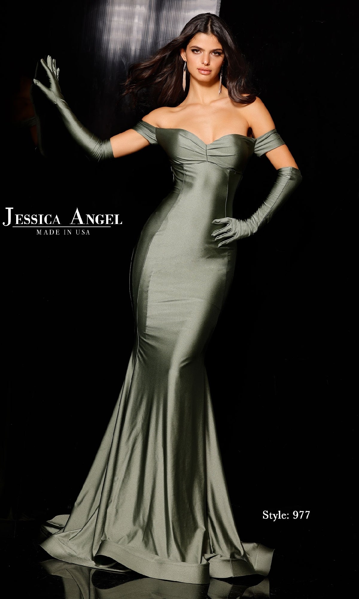 A woman wears the Gloved Off-Shoulder Prom Dress: Jessica Angel 977, fitted mermaid style, against a black background. Text reads 