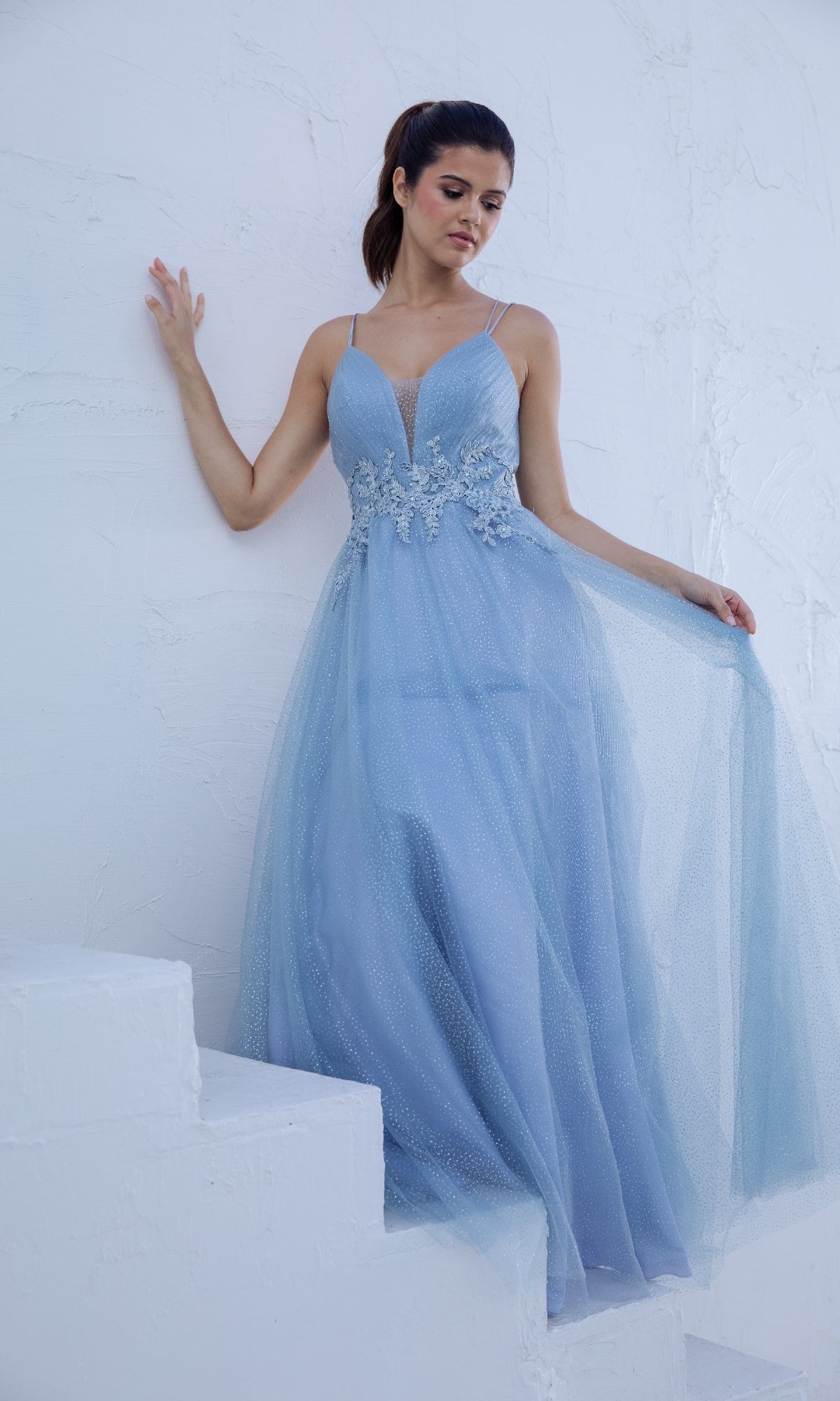 Ball Gown Long Fancy Dresses Cheap Long Prom V Neck Light Blue Lace Prom  Dress Cecilia