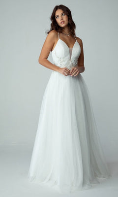A woman poses in a studio wearing the Eureka 9797: a Lace-Up Long Shimmer Prom Dress featuring thin straps, a fitted bodice, and a flowing floor-length skirt.