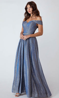 A woman models the Eureka 9808 Off-Shoulder Long Glitter Prom Dress, featuring a fitted bodice and full silver-blue floor-length skirt, set against a plain light background.